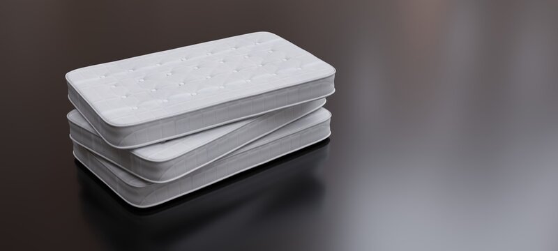 Bed Mattress stack isolated on gray. Three single mattress white color. 3d render