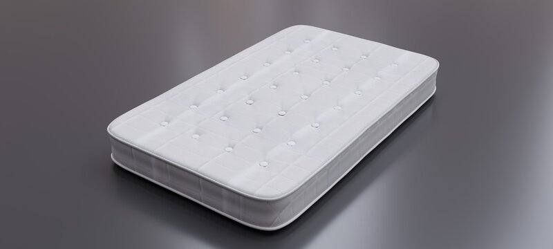Bed mattress one single white color isolated on gray, view from above. Comfort sleep. 3d render