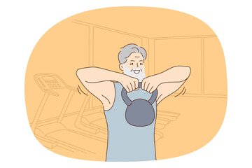 Elderly people active lifestyle concept. Smiling cheerful mature aged man standing in gym during sports workout and holding dumbbell vector illustration 