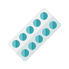 Tablets in a container. Pack of ten tablets. Medical preparation for treatment. Vector illustration isolated on white background for design and web.