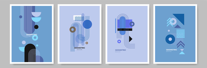 Fototapeta premium Modern abstract geometric poster cover. Minimal retro boho bauhaus composition shapes design. Colorful geometric background. Vector illustration.