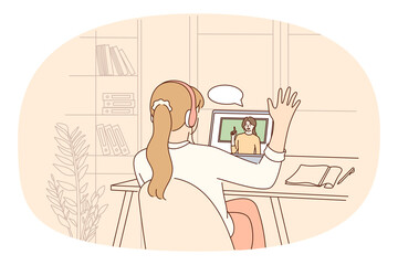 Online education and lesson concept. Girl in headset sitting and greeting woman teacher online on laptop screen at home vector illustration 