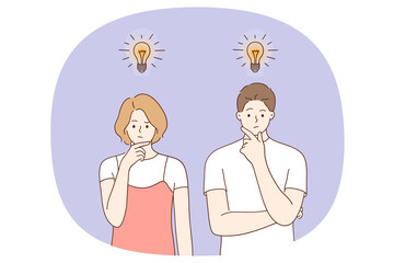 Searching for Creative ideas concept. Young serious woman and man standing and thinking with light bulbs flying above meaning creativity and business innovation vector illustration 