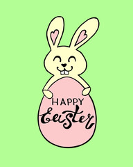 Cute funny bunny with Happy Easter lettering in egg shaped frame. Vector hand drawn doodle flat illustration. Holidays characters and backgrounds