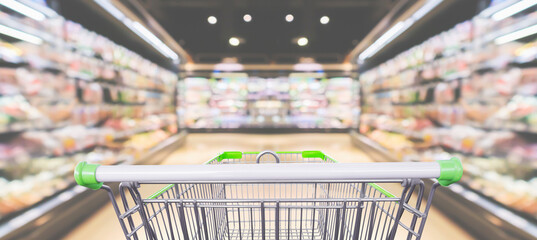 empty shopping cart in supermarket grocery store background