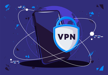 vector illustration of a smartphone with a VPN connection shield on the internet