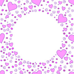 Vector frame, border from outline colorful elements hearts points drops spirals. Simple romance background, decoration, symbol of love in doodle style
