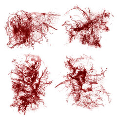 Collage of red liquid splashes. Liquid with splashes on a white background. A splash of wine or blood.