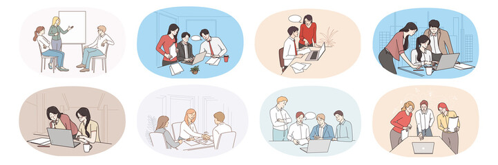 Set of busy successful office employees or workers cooperate together at meeting. Collection of businesspeople brainstorm discuss ideas at briefing. Teamwork. Vector illustration. 