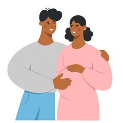 Fototapeta premium African american family. Man hugging his beautiful pregnant wife. Young mother and father are waiting for the baby. Concept of pregnancy and parenthood. Flat vector illustration.