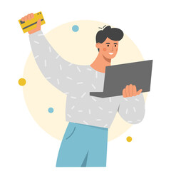 Young smiling man paying with a credit card over the internet. Online shopping, cashless payment concept. Flat vector illustration on white background.