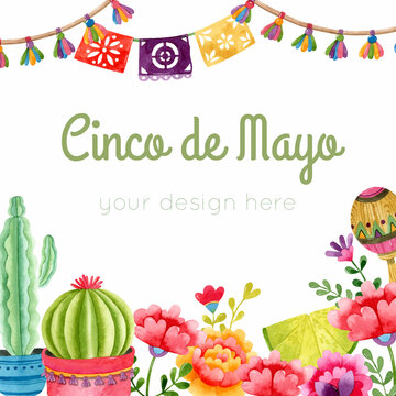 Cinco De Mayo Watercolor Frame Mexican Style Decoration 