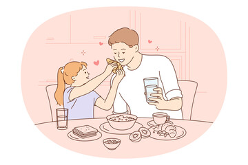 Having meal with family concept. Happy smiling father and daughter sitting and eating croissants and healthy breakfast together vector illustration 