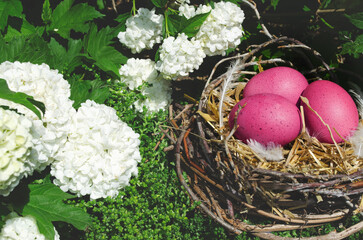 pink easter eggs in the nest