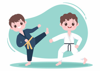 Cute Cartoon Kids Doing Some Basic Karate Martial Arts Moves, fighting Pose and Wearing Kimono in Flat Style Background Vector Illustration