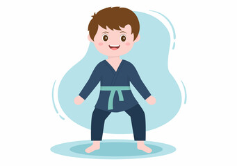 Cute Cartoon Kids Doing Some Basic Karate Martial Arts Moves, fighting Pose and Wearing Kimono in Flat Style Background Vector Illustration