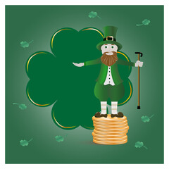Leprecon on a green background,with a cute clover leafs.
