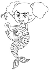 Mermaid play the harp black and white doodle character