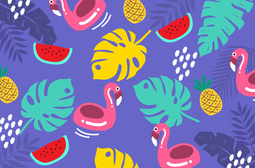 summer pattern flamingo watermelon pineapple blue background leafs tropical