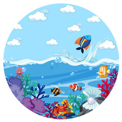 A water splash scene with fish on white background