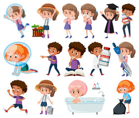Set of children doing different activities on white background