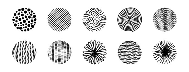 Hand drawn circles with doodle texture. Modern abstract set black round shapes with lines, circles, drops. Hand drawn organic doodle shapes. Colletion vector illustrations isolated on white background