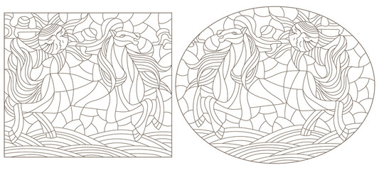 A set of contour illustrations in the style of stained glass with abstract horses, dark contours on a white background