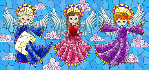 An illustration in the style of a stained glass window with a cute angels on a cloudy sky background