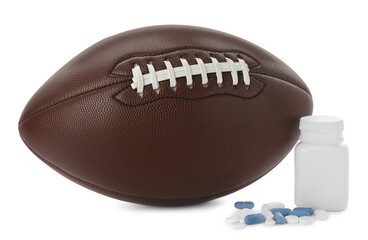 American football ball and bottle with pills on white background. Doping concept