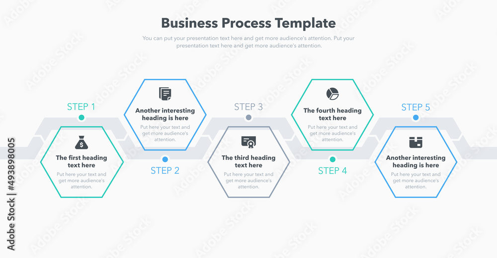 Poster Business process template with five steps. Easy to use for your website or presentation.