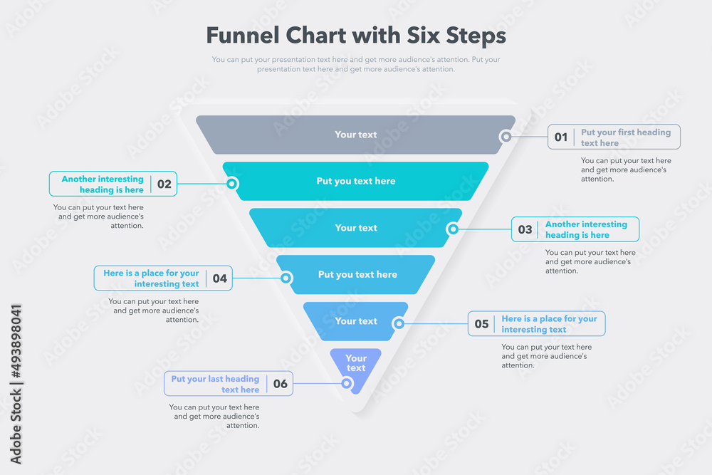 Poster Funnel chart template with six colorful steps. Easy to use for your website or presentation.
