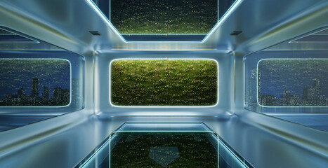 Modern futuristic interior office design with green wall plant