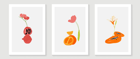 Abstract fruit wall art set. Collection of minimal line art with tropical flower, pomegranate, orange, papaya. Summer season watercolor design perfect for decoration, interior, background, wallpaper.