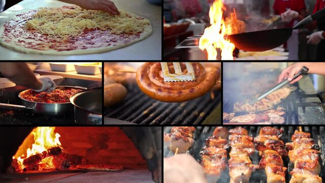 Cooking in Restaurant Kitchen Conceptual Multi Screen Video Montage. Chef Cooking With Fire In Frying Pan. Cooking Pizza in a Wood Fired Brick Oven. Grilling Delicious Chicken Breasts and  Sausages. 