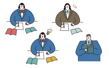 Vector illustration set for students studying. A student who solves a difficult problem. Inspirational students. Students who enjoy studying. Students reading textbooks.