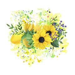Watercolor bouquet of sunflowers with leaves and lemon. A sketch drawn by hand on an isolated white background.
