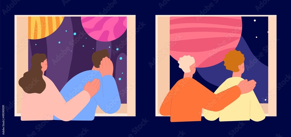 Wall mural couple dreaming together and look outside. night dreams, support and communication. universe in wind