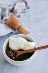 Delicious homemade dessert. Matcha Zenzai with Yakimochi. Great snack for family and friends gatherings