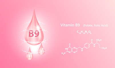 Structure vitamin B9 drop water collagen pink. 3D Realistic Vector. Medical and scientific concepts. Beauty treatment nutrition skin care design. Vitamin solution complex with Chemical formula nature.