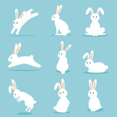 Set of white rabbit. Bunny cartoon collection. Flat design.