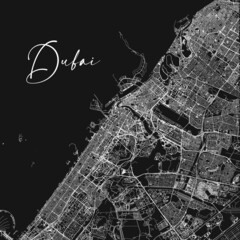 Dubai vector map. Detailed vector map of Dubai city administrative area. Cityscape poster metropolitan aria view. Black land with white streets, roads and avenues. White background.