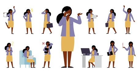 Business woman. Office female character, afro american professional lady. Time management and problem solution, person working process decent vector kit