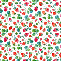 Strawberries seamless texture. Hand drawn watercolor strawberries and leaves. Background with food in collage style. Texture for fabric, wrapping paper, textile, background