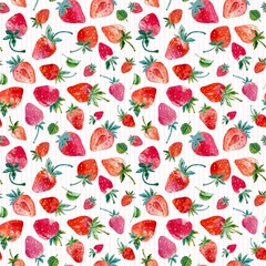 Strawberries seamless texture. Hand drawn watercolor strawberries and leaves. Background with food in collage style. Texture for fabric, wrapping paper, textile, background