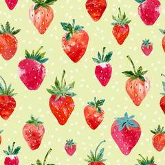 Strawberries seamless texture. Hand drawn watercolor strawberries and leaves. Background with food in collage style. Texture for fabric, wrapping paper, textile, background
