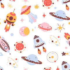 Kids space seamless pattern. Scandinavian universe kids background, ships and planets. Cartoon stars, comets and cosmos elements, nowaday vector fabric print