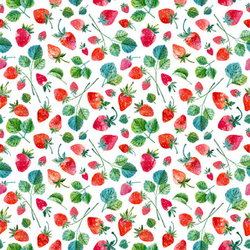 Strawberries seamless texture. Hand drawn watercolor strawberries and leaves. Background with food in collage style. Texture for fabric, wrapping paper, textile, background