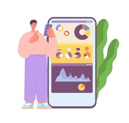 Accounting analytics. Financial mobile concept, smart guy count and analyze online. Credit score, banking or tax. Abstract charts on smartphone screen and man vector character