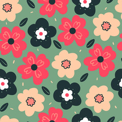 seamless pattern hand drawing cartoon flower and leaves. botanical drawing for fabric print, textile, gift wrap paper