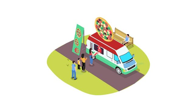 Crowded people queuing to buy pizza in food truck